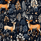 Elegant pattern of deer and botanical elements in shades of white, orange, and blue on black.