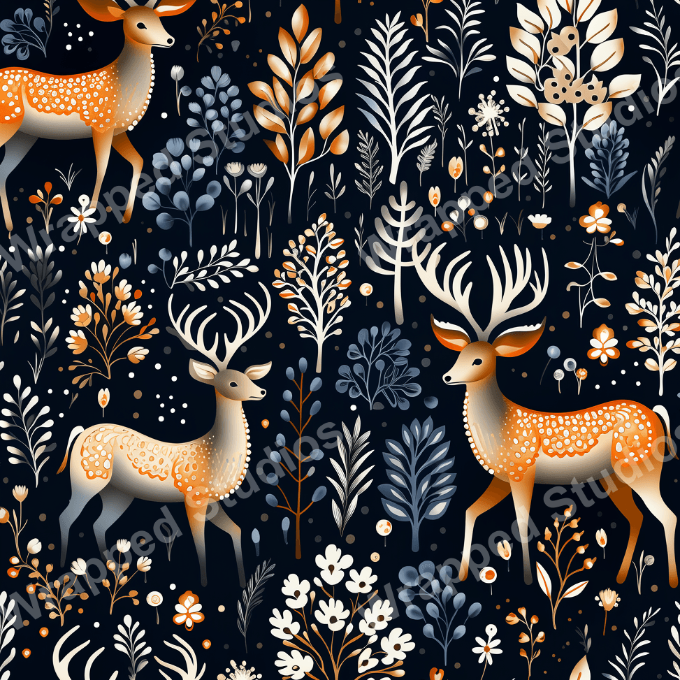Elegant pattern of deer and botanical elements in shades of white, orange, and blue on black.