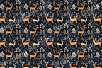 Whimsical deer and botanical elements create a festive wildlife pattern in navy, orange, and white.