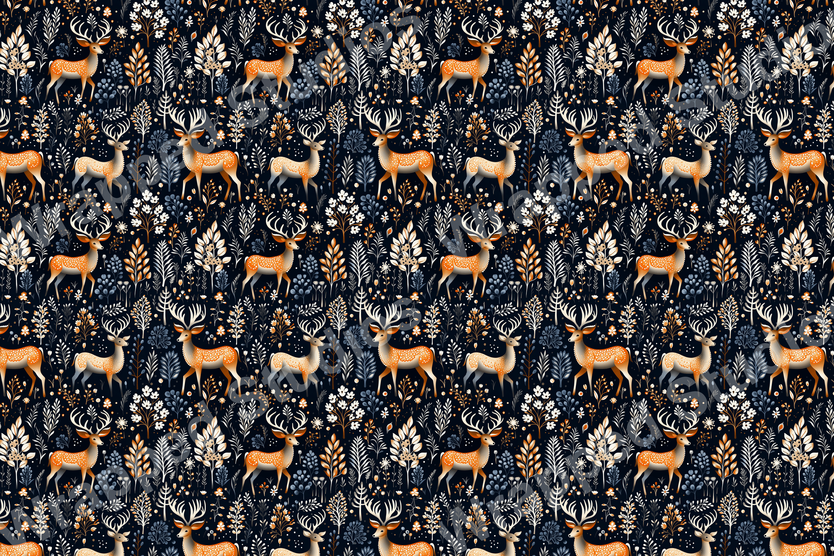 Whimsical deer and botanical elements create a festive wildlife pattern in navy, orange, and white.