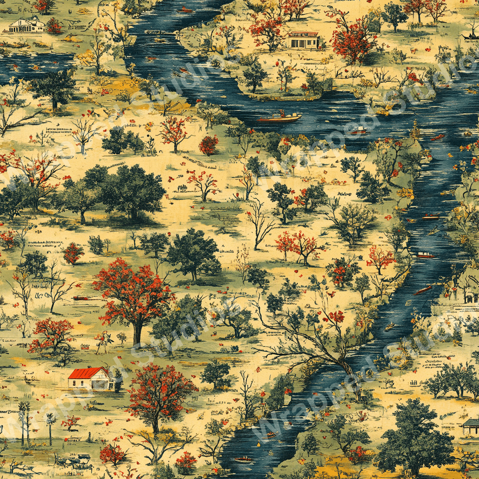 Vintage botanical design featuring a river landscape with trees and houses on a light yellow background.