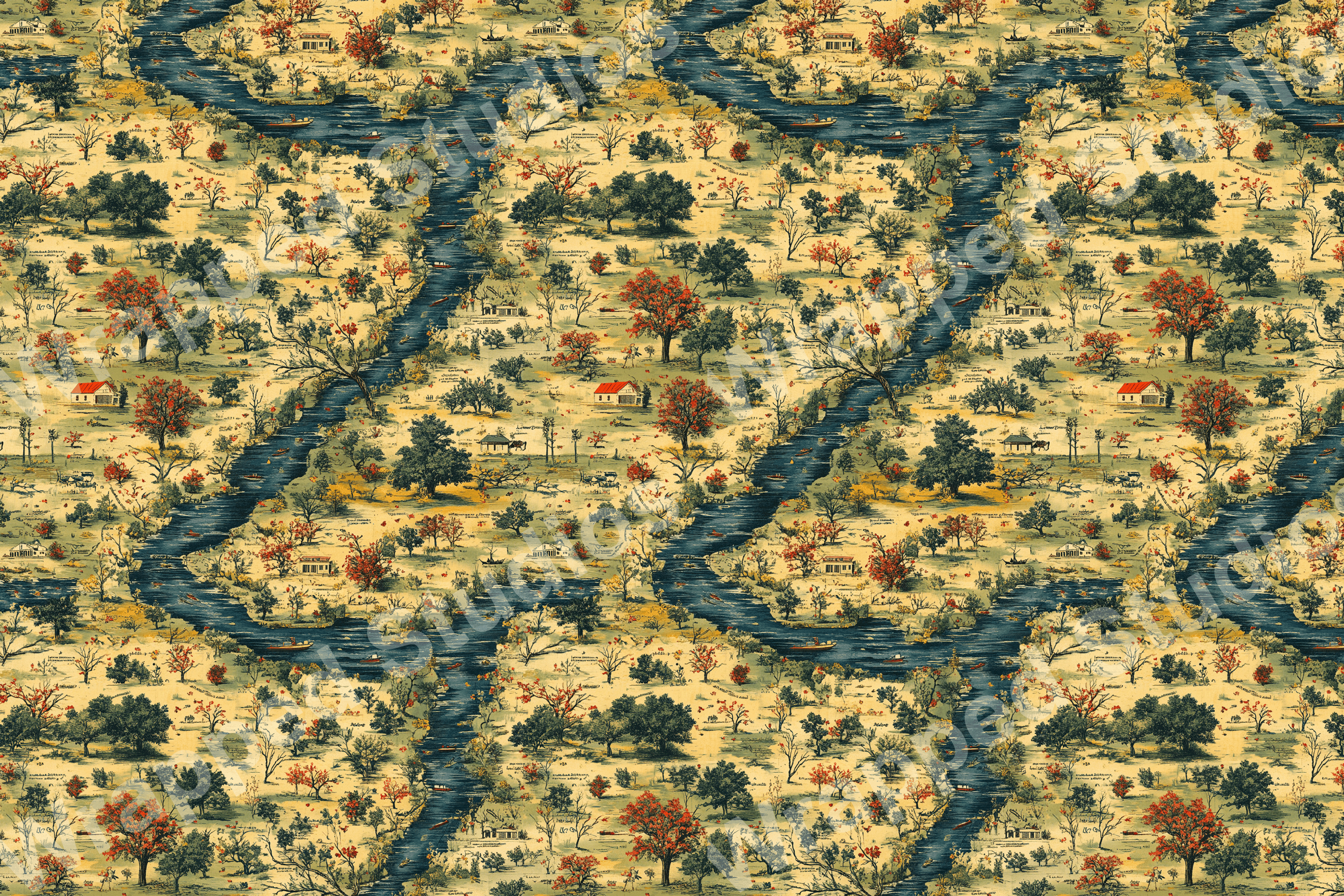 Vintage botanical design with a meandering river, trees, and houses in shades of blue, tan, and red.