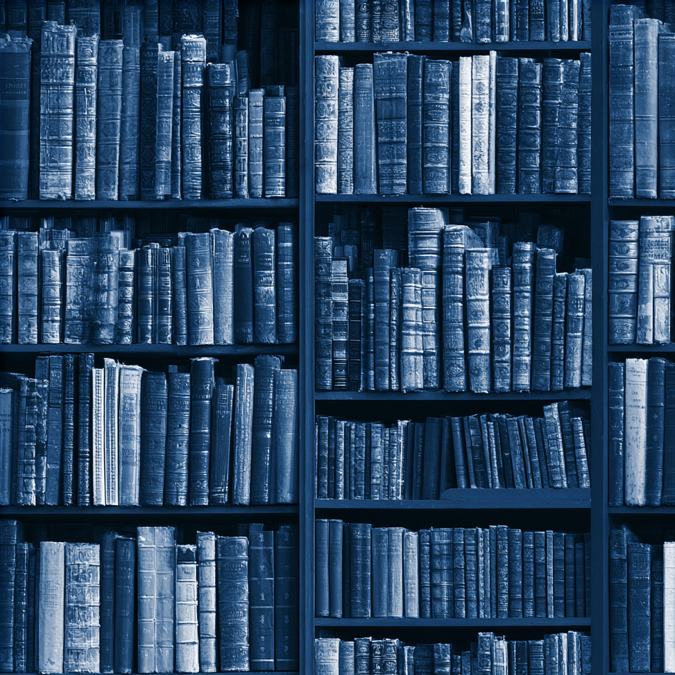 Seamless vintage library book pattern with antique bookshelves in monochrome indigo blue.