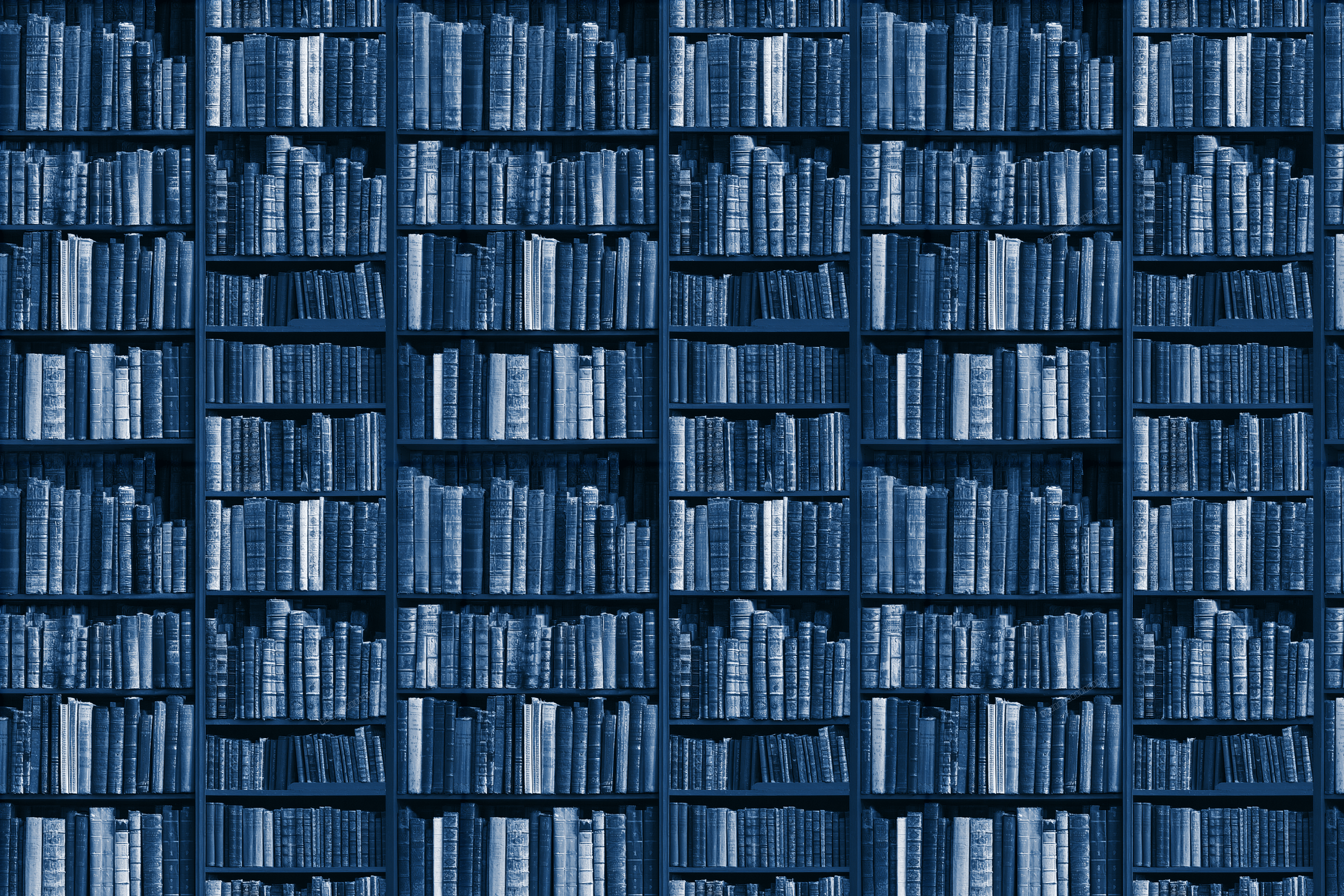 Seamless vintage bookshelf pattern with antique library books in monochromatic navy blue.