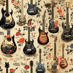 Seamless pattern with electric guitars and romantic floral elements on a light background.