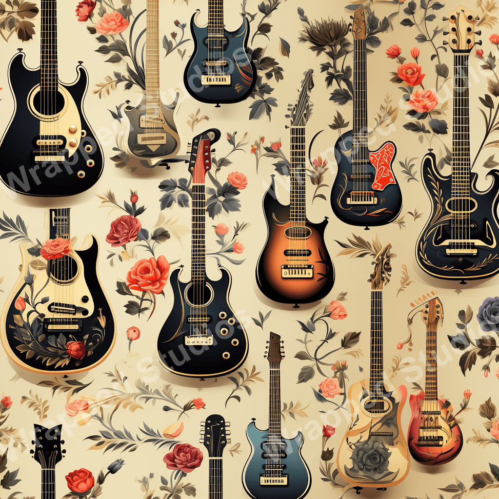 Seamless pattern with electric guitars and romantic floral elements on a light background.