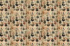 Vintage floral pattern with guitars in black, brown, and blue on a beige background.