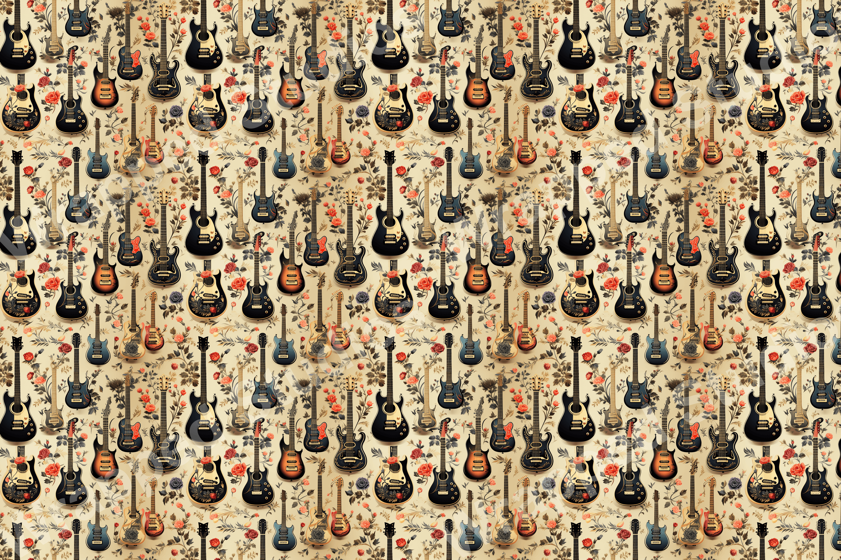 Vintage floral pattern with guitars in black, brown, and blue on a beige background.