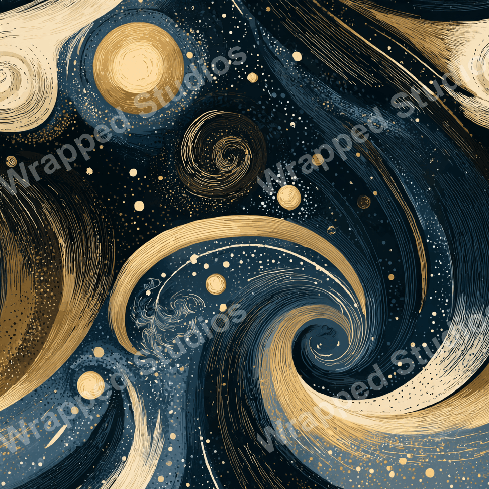 Elegant swirl pattern design in gold and deep blue, with dots suggesting stars.