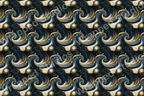 Navy, gold, and cream swirling cosmos pattern with celestial dots.