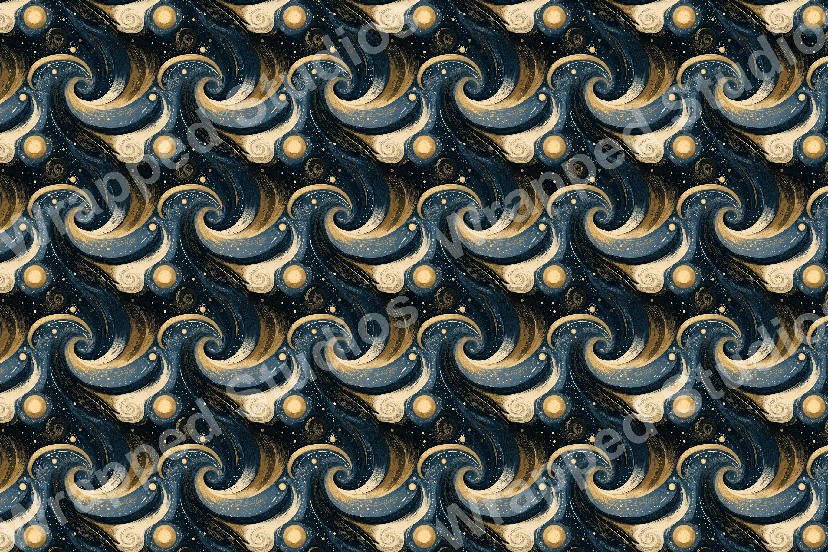 Navy, gold, and cream swirling cosmos pattern with celestial dots.