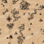 Vintage fantasy map pattern featuring hand-drawn castles, winding rivers, and a compass on aged parchment.