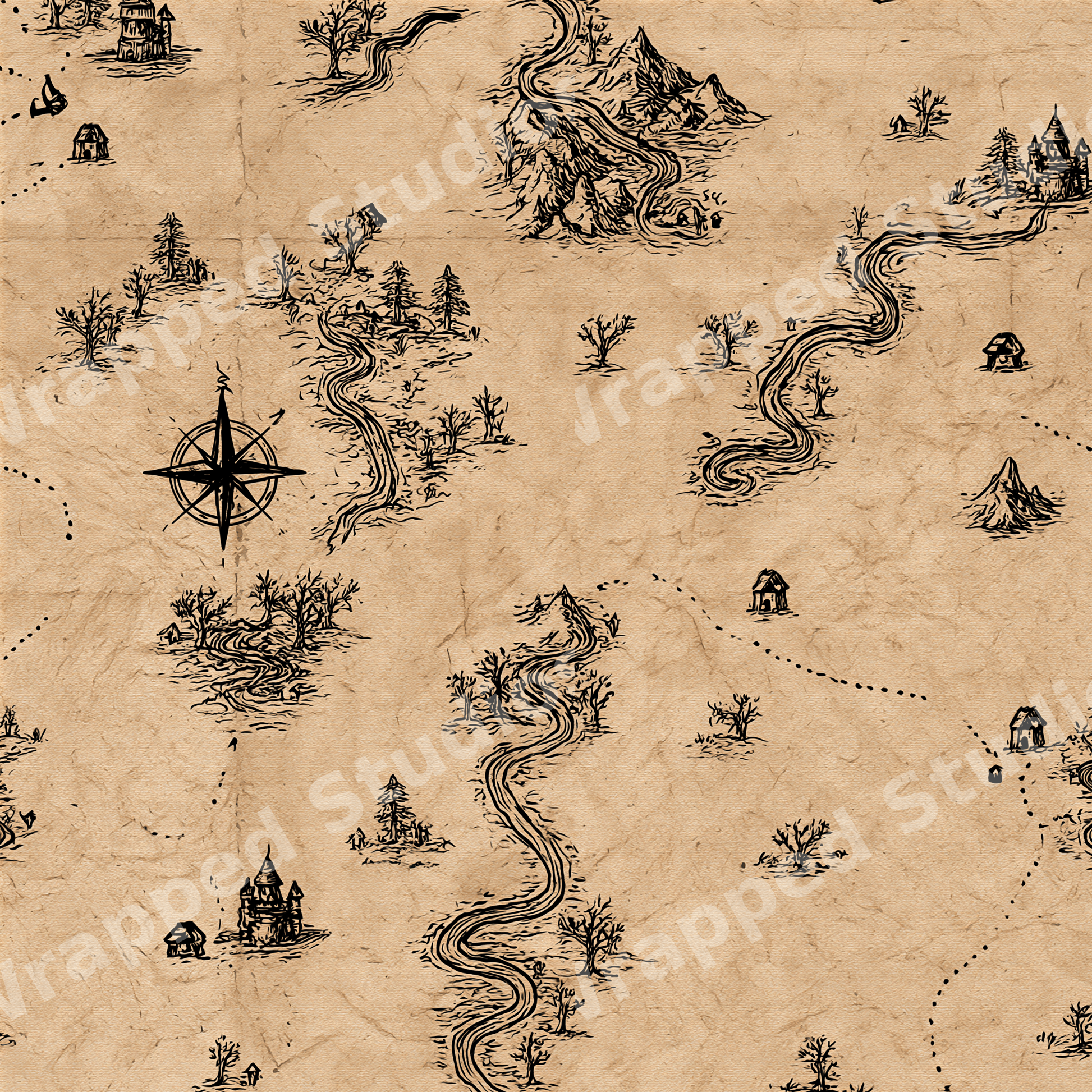 Vintage fantasy map pattern featuring hand-drawn castles, winding rivers, and a compass on aged parchment.