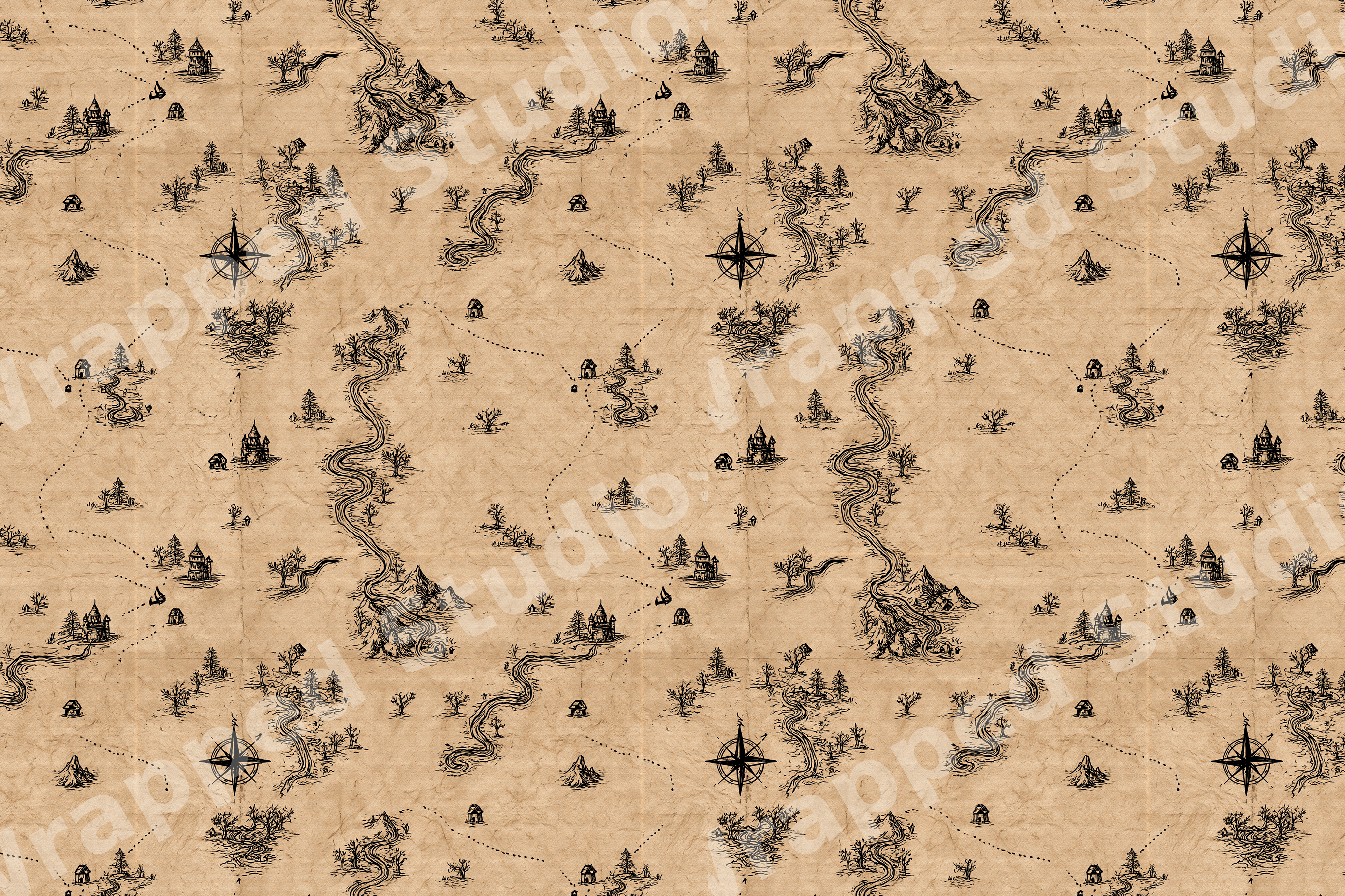 Vintage fantasy map pattern featuring hand-drawn castles, rivers, and compass roses on aged parchment.