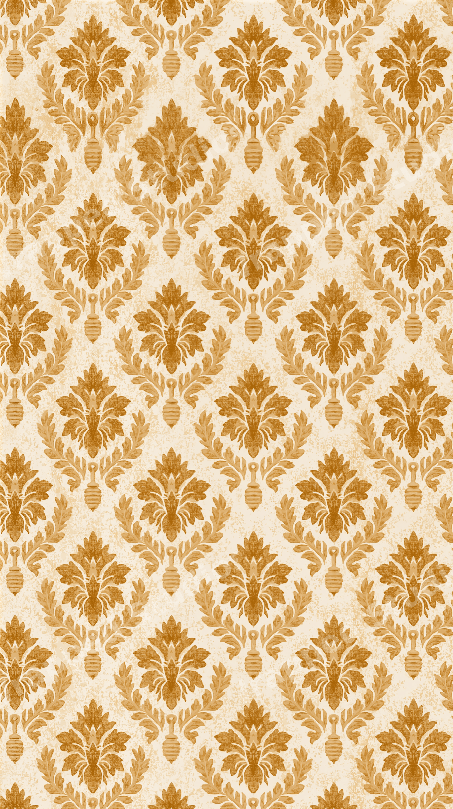 Elegant vintage damask pattern with gold floral motifs on a textured cream background.