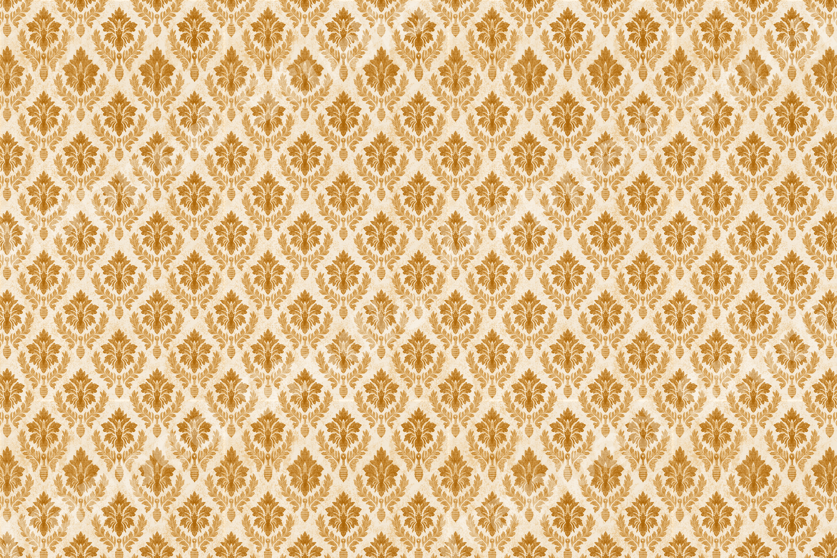 Elegant vintage damask pattern in warm gold and cream with ornate baroque floral motifs.