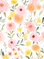 Elegant floral pattern with watercolor roses in pastel pink, peach, and yellow hues.