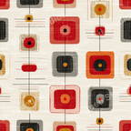 Mid-century modern geometric pattern with squares, circles, and lines in shades of red, orange, black, and beige.
