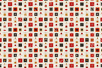 Retro geometric pattern with rounded squares in red, black, and gold connected by thin lines on an ivory backdrop.