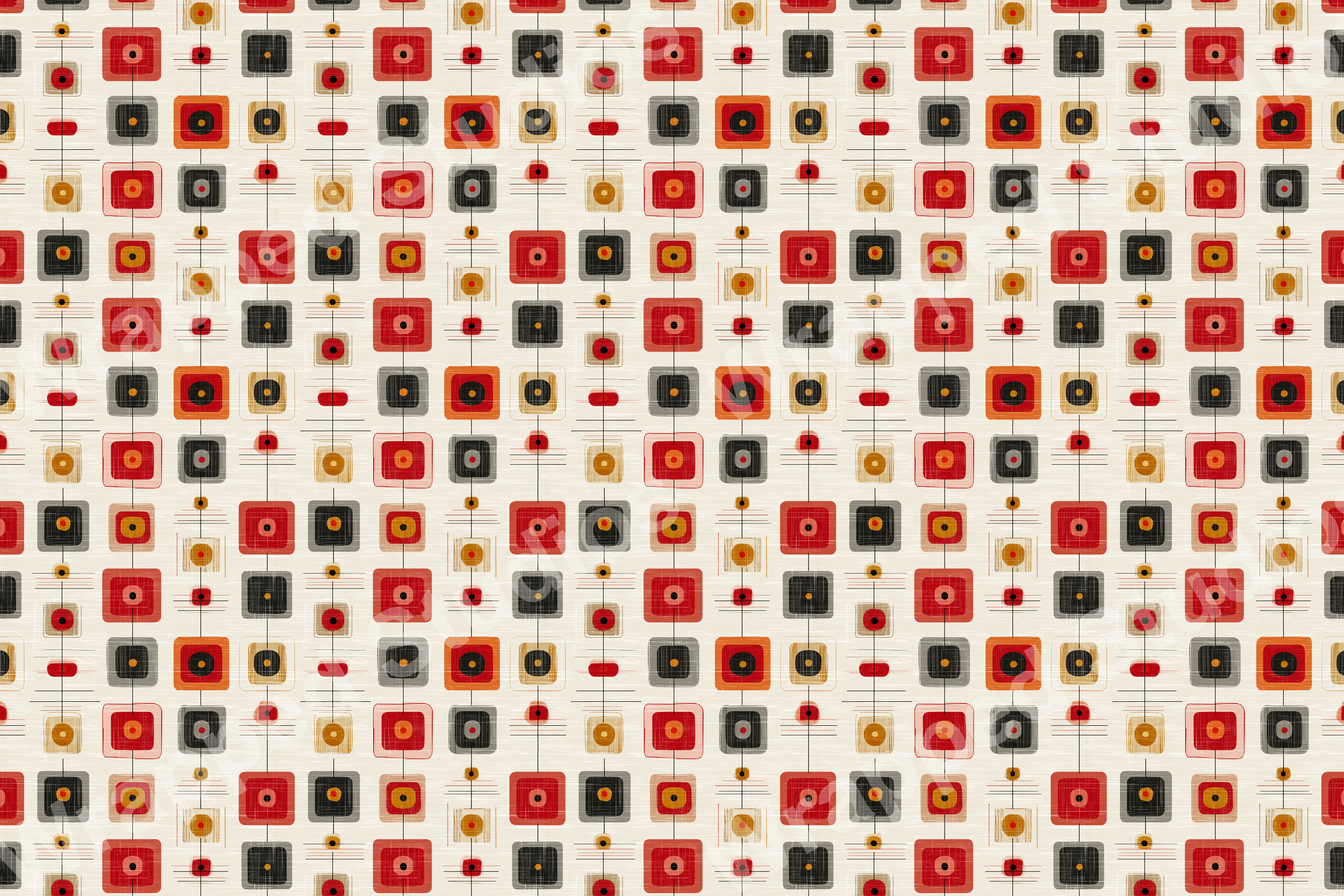 Retro geometric pattern with rounded squares in red, black, and gold connected by thin lines on an ivory backdrop.