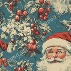Vintage Christmas pattern with Santa Claus, red holly berries, and white winter flowers on textured blue.