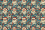 Vintage Santa Claus Christmas pattern with holly, berries, and winter flowers on a muted teal background.