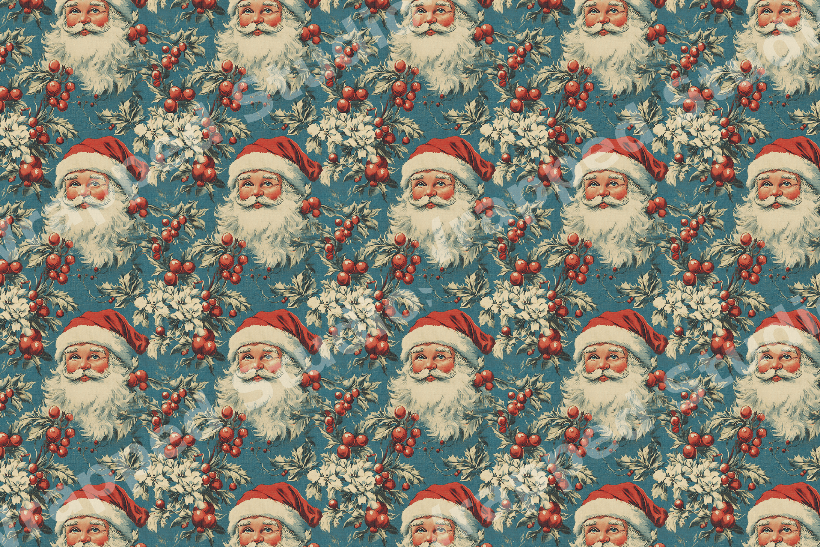 Vintage Santa Claus Christmas pattern with holly, berries, and winter flowers on a muted teal background.