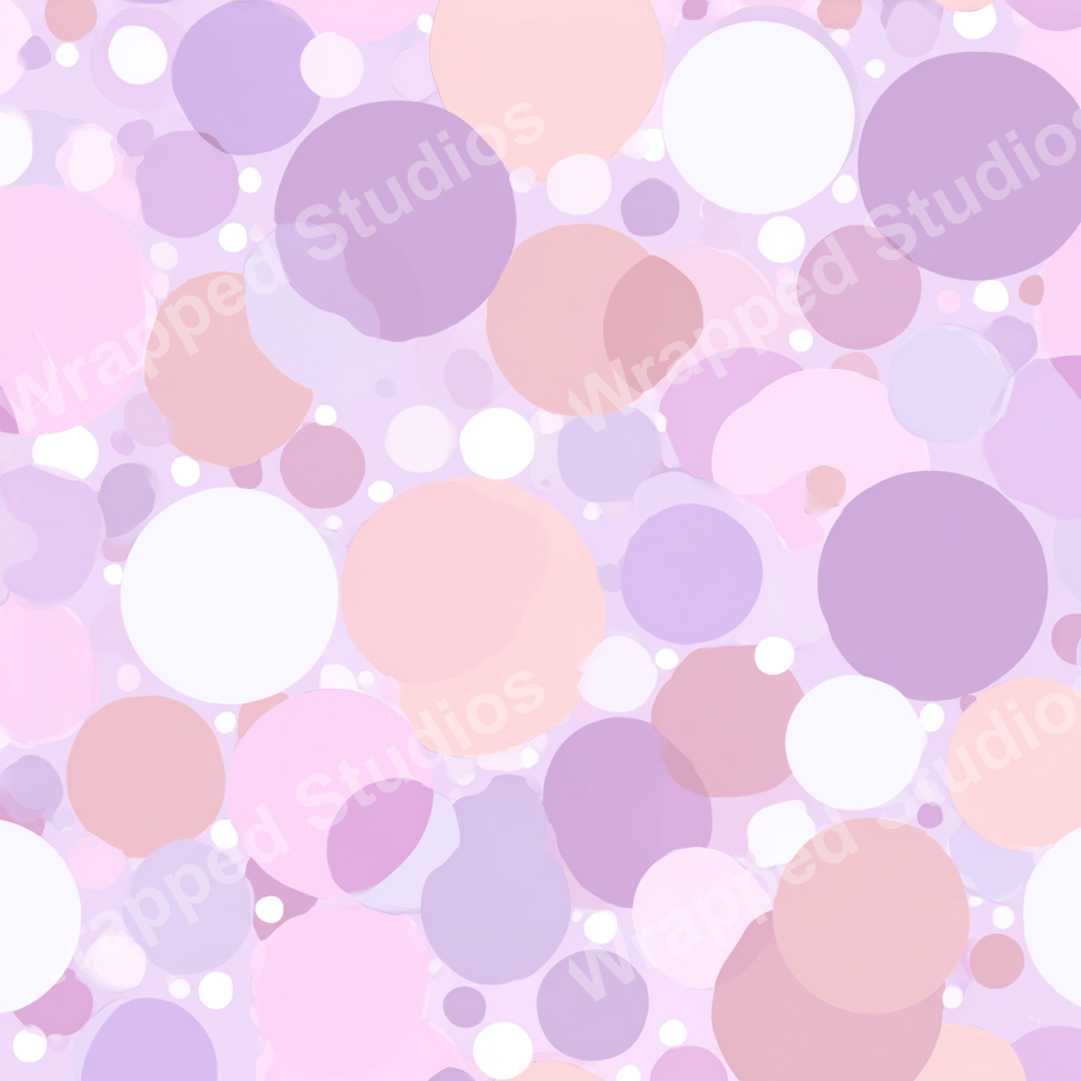 Playful polka dot pattern with blush pink, lavender, and white circles on a light purple background.