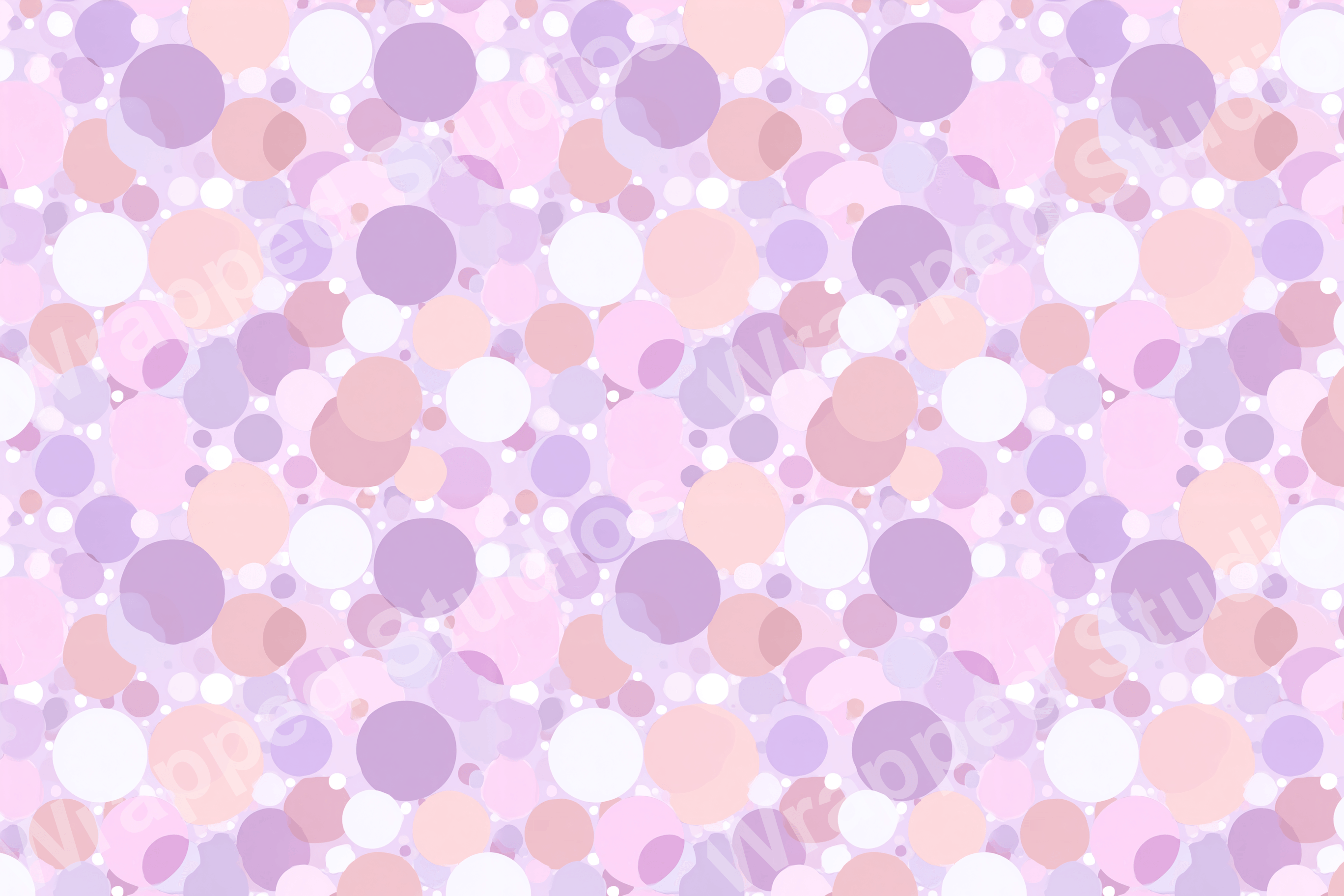 Playful polka dot pattern with pastel pink, purple, and white circles.