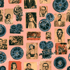 Vintage cinema pattern featuring classic film reels, retro cameras, and Hollywood actors on a pink background.