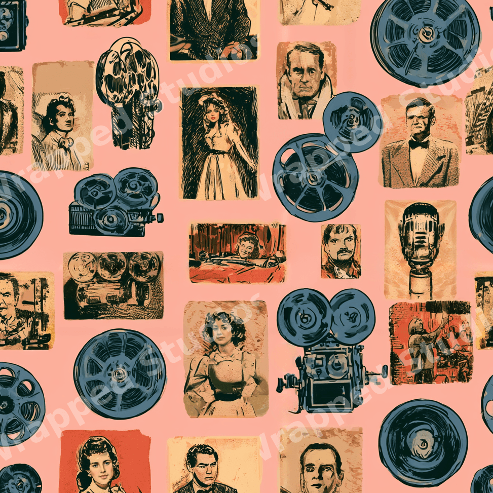 Vintage cinema pattern featuring classic film reels, retro cameras, and Hollywood actors on a pink background.