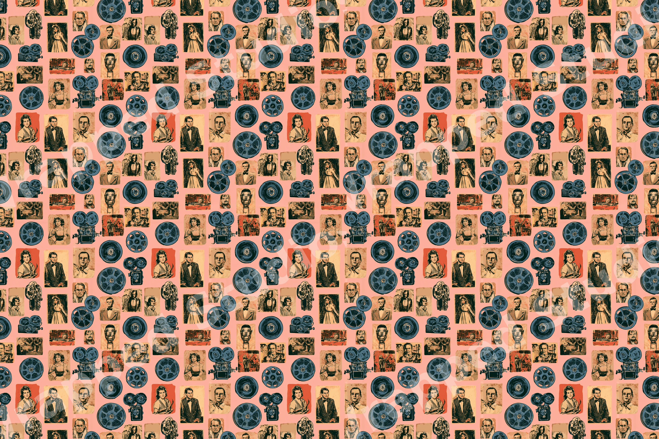 Vintage cinema pattern featuring retro film reels, cameras, and classic Hollywood portraits on a pink background.