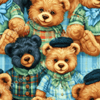 Seamless vintage teddy bear pattern featuring cute bears wearing cozy blue and green plaid sweaters.