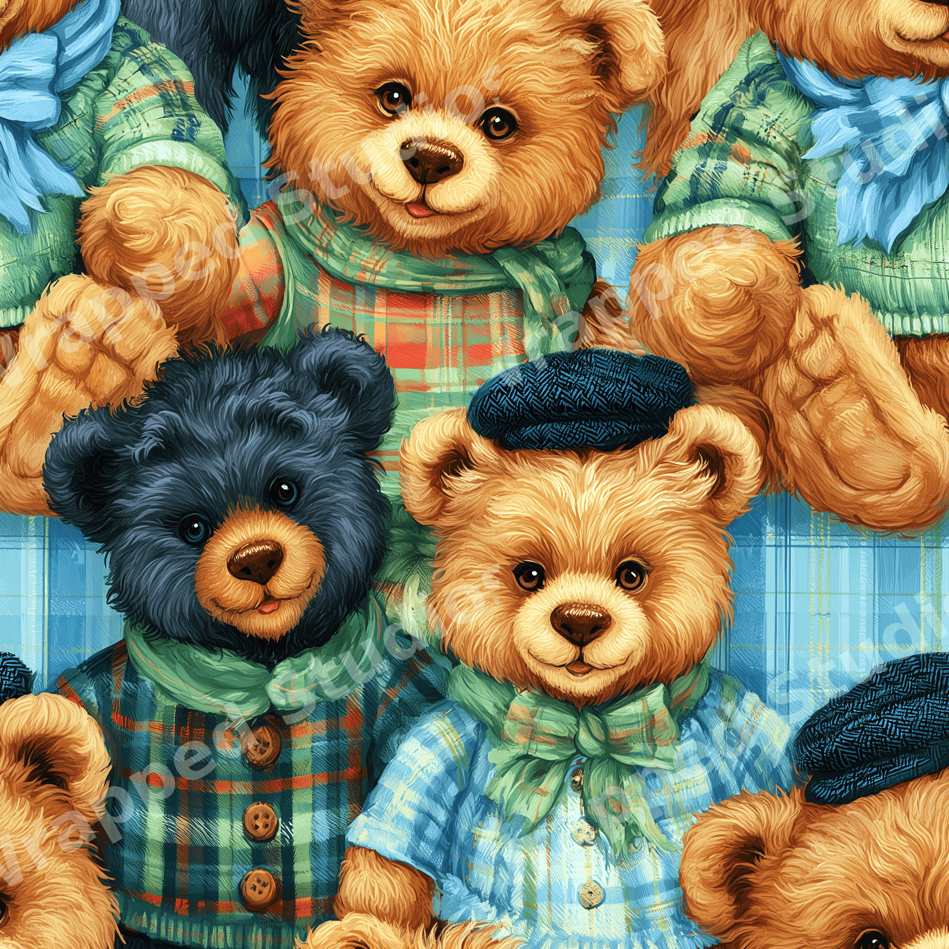 Seamless vintage teddy bear pattern featuring cute bears wearing cozy blue and green plaid sweaters.
