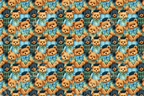 Seamless vintage teddy bear pattern featuring cute dressed bears on a blue plaid background.