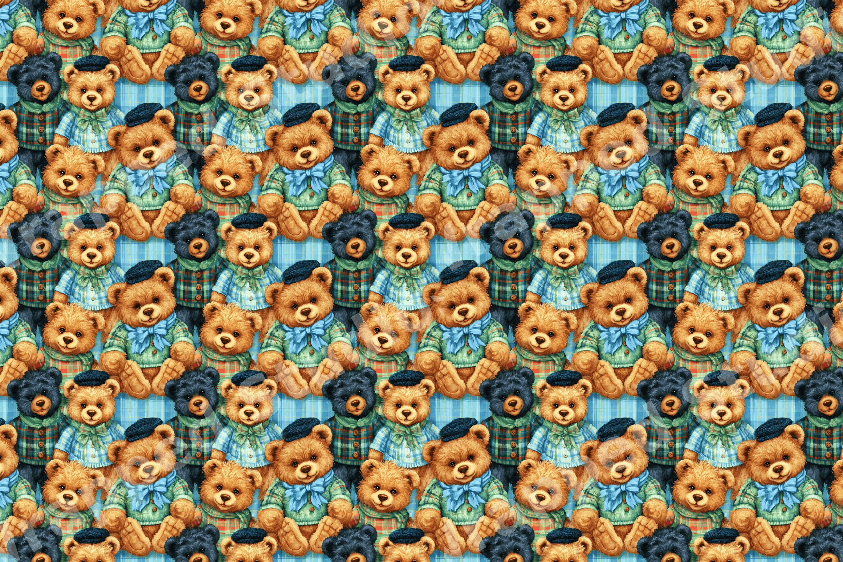 Seamless vintage teddy bear pattern featuring cute dressed bears on a blue plaid background.