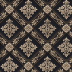 Luxury black and gold damask pattern with embossed 3D baroque floral motifs in an elegant lattice design.