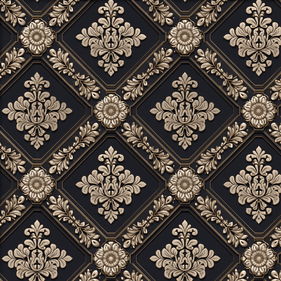 Luxury black and gold damask pattern with embossed 3D baroque floral motifs in an elegant lattice design.