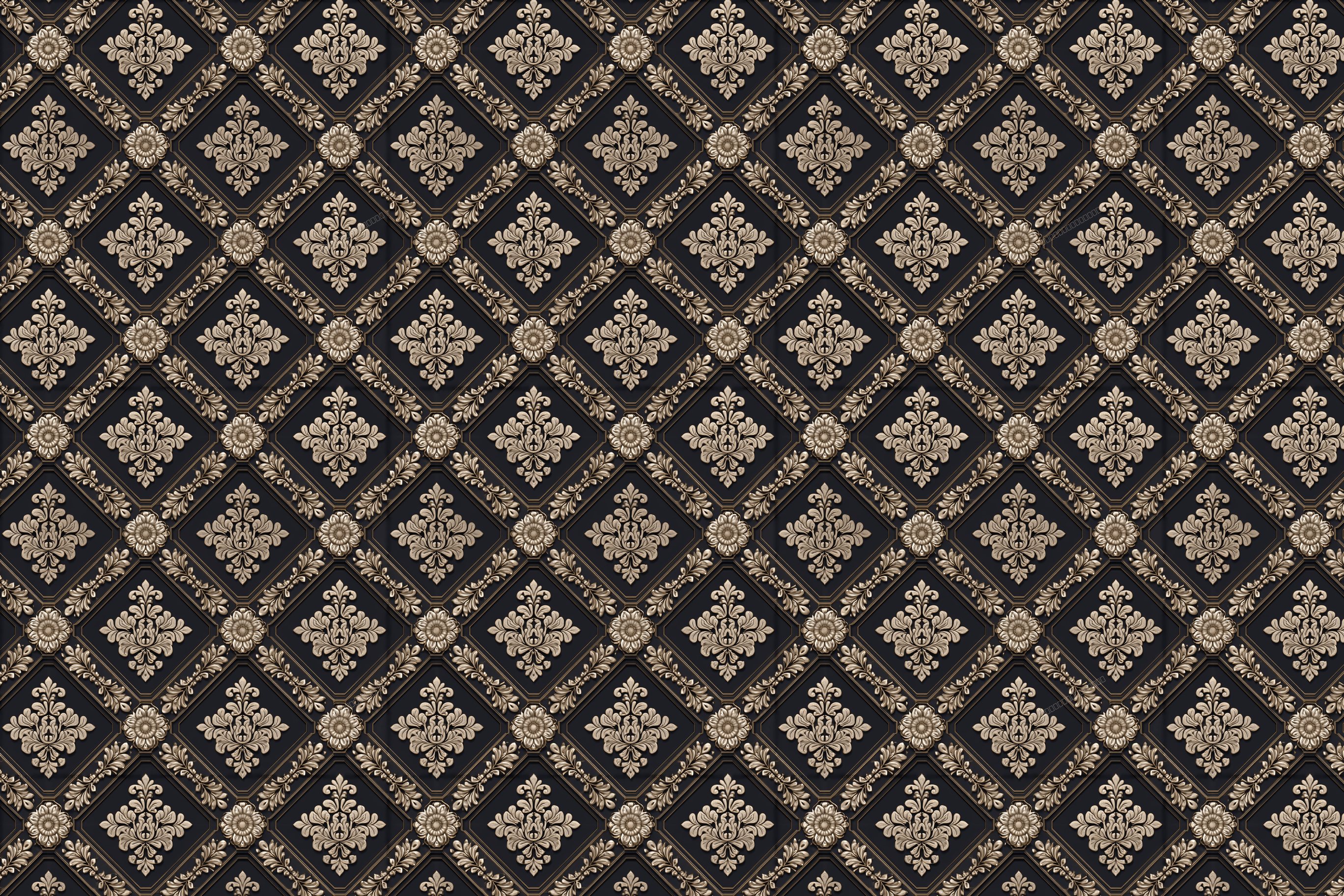 Elegant black and gold damask geometric pattern with Victorian floral motifs in an ornate trellis.