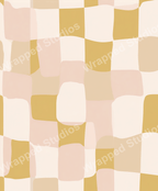 A retro abstract pattern featuring wavy, distorted checkerboard squares in muted tones of gold, blush pink, and cream.