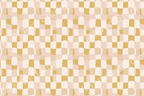 Wavy distorted checkerboard pattern in a retro palette of mustard yellow, blush peach, and cream squares.