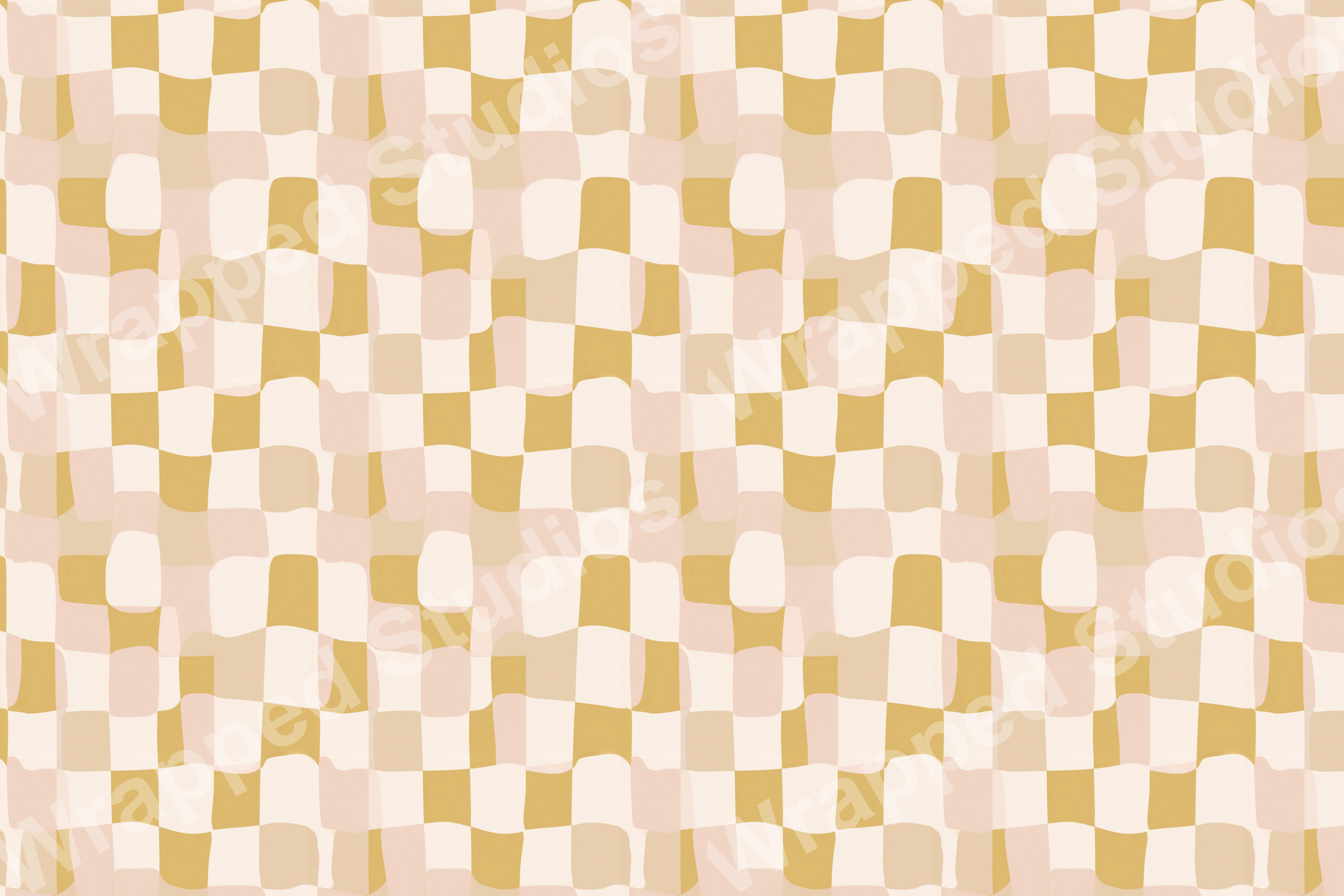 Wavy distorted checkerboard pattern in a retro palette of mustard yellow, blush peach, and cream squares.