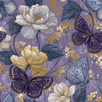 Vintage botanical floral pattern with purple butterflies and gold peonies on a dusty lavender background.