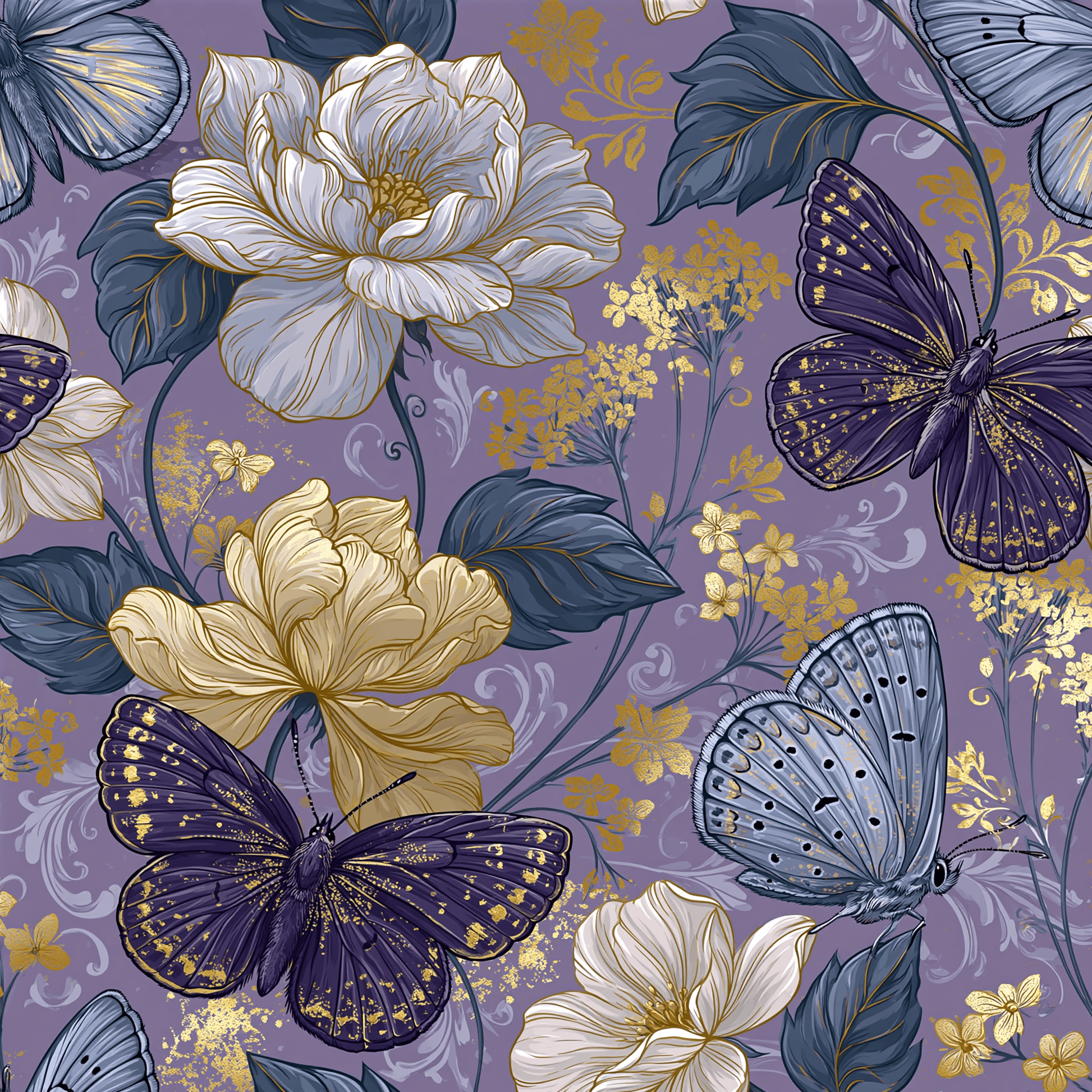 Vintage botanical floral pattern with purple butterflies and gold peonies on a dusty lavender background.