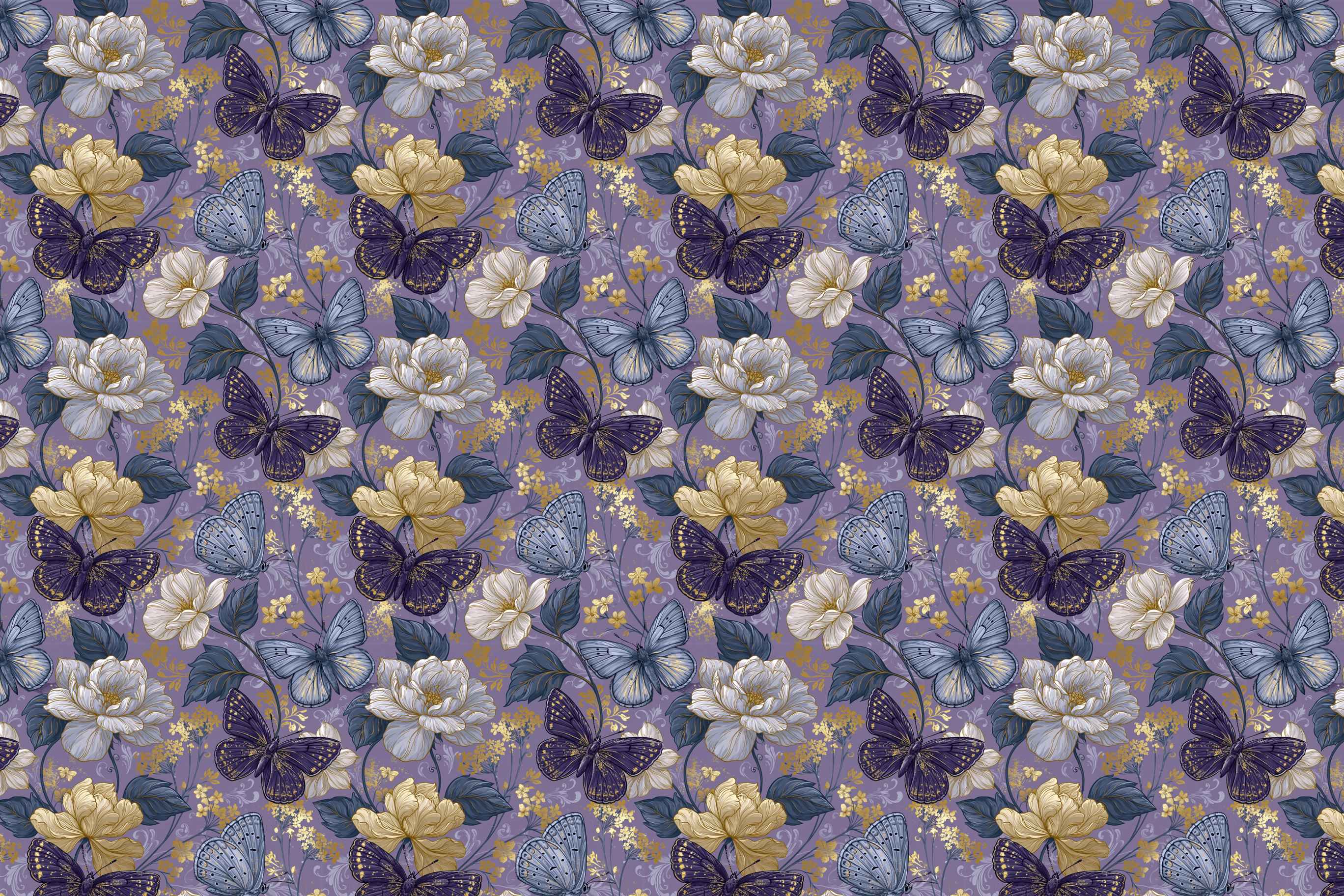 Vintage botanical pattern with elegant purple butterflies and gold flowers on a dusty purple background.
