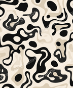 Abstract camouflage pattern in black, dark beige, and cream with organic, flowing shapes.