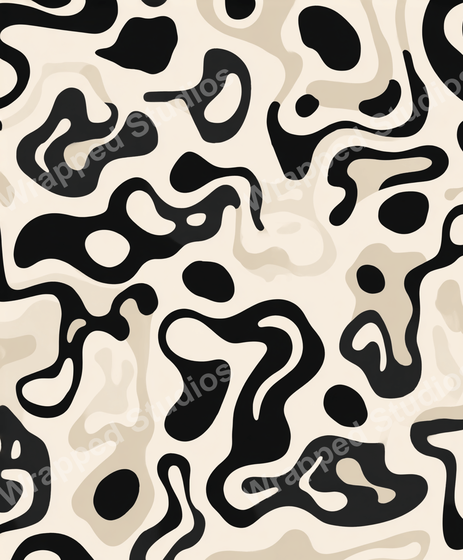 Abstract camouflage pattern in black, dark beige, and cream with organic, flowing shapes.