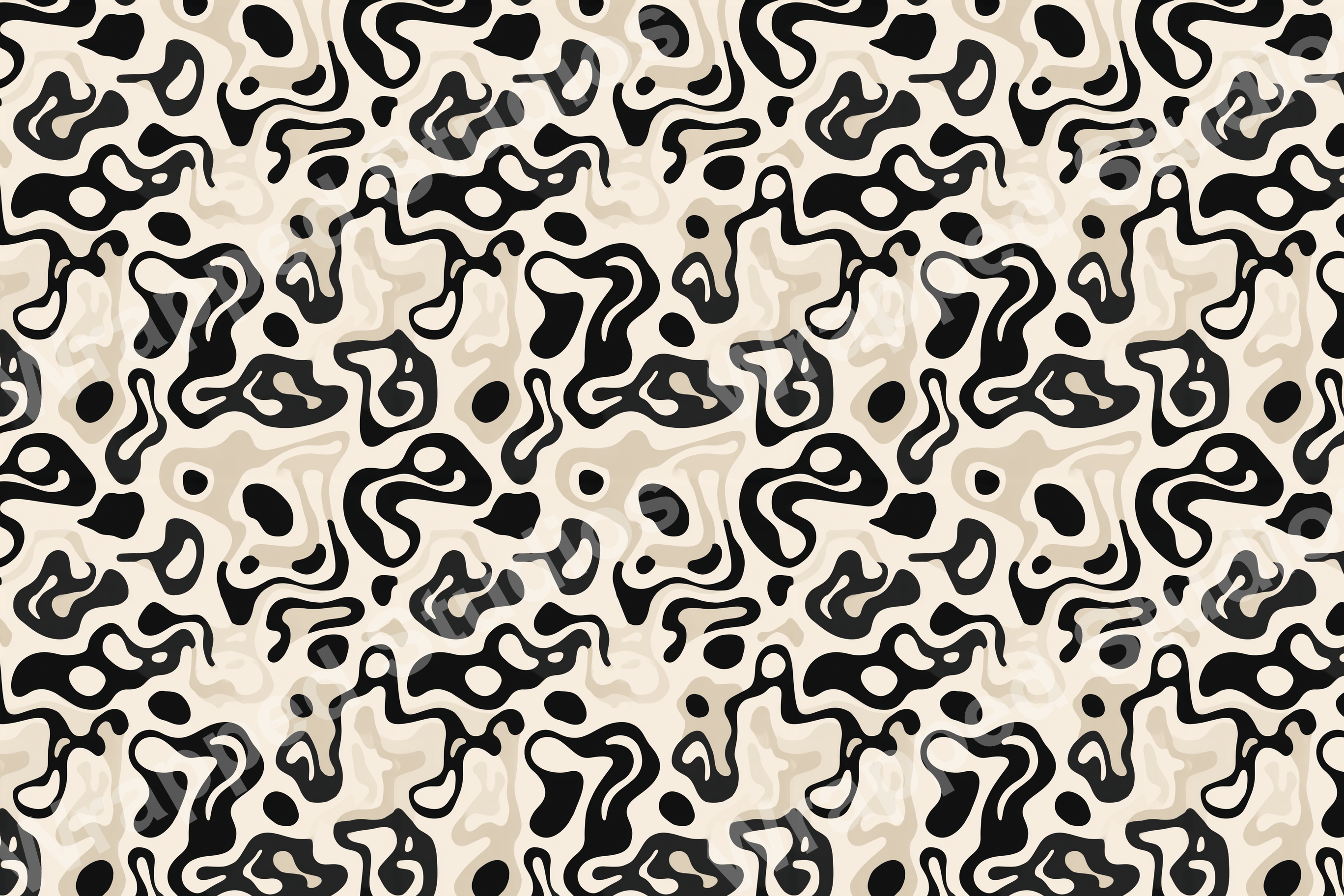 Abstract organic pattern with flowing black and beige shapes creating a modern, fluid design.