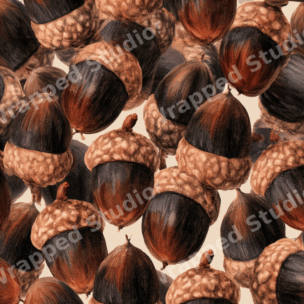 Rustic vintage acorn pattern with hand-drawn brown and tan acorns in a seamless woodland design.