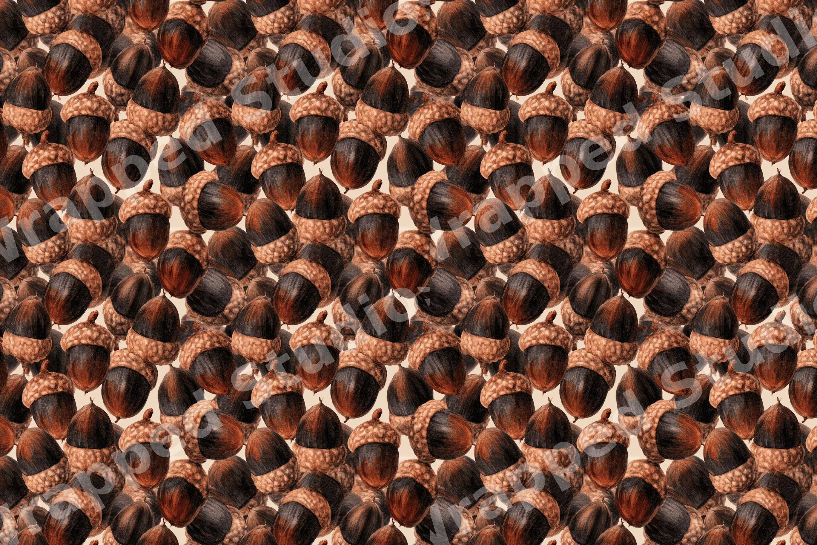 Seamless autumn acorn pattern featuring rustic hand-drawn brown acorns in a vintage botanical design.